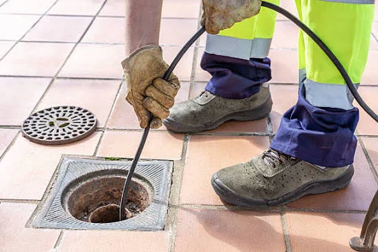 Drain cleaning cable being used to clear an outdoor drain