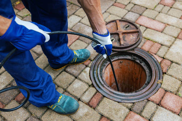 Drain cleaning equipment clearing an external inspection chamber