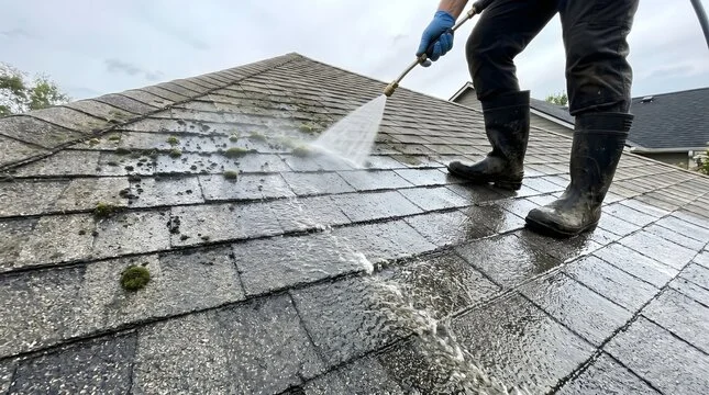 Roof tiles being cleaned to remove moss and surface dirt
