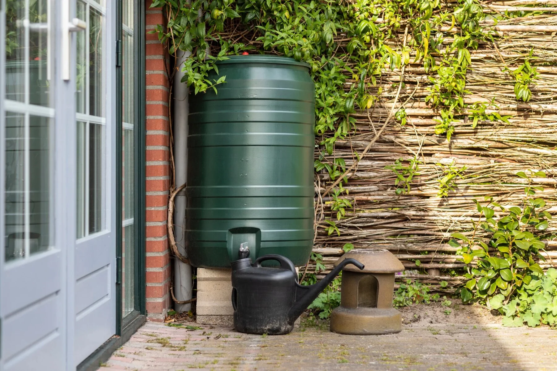 Green water butt installed beside a home for garden rainwater collection